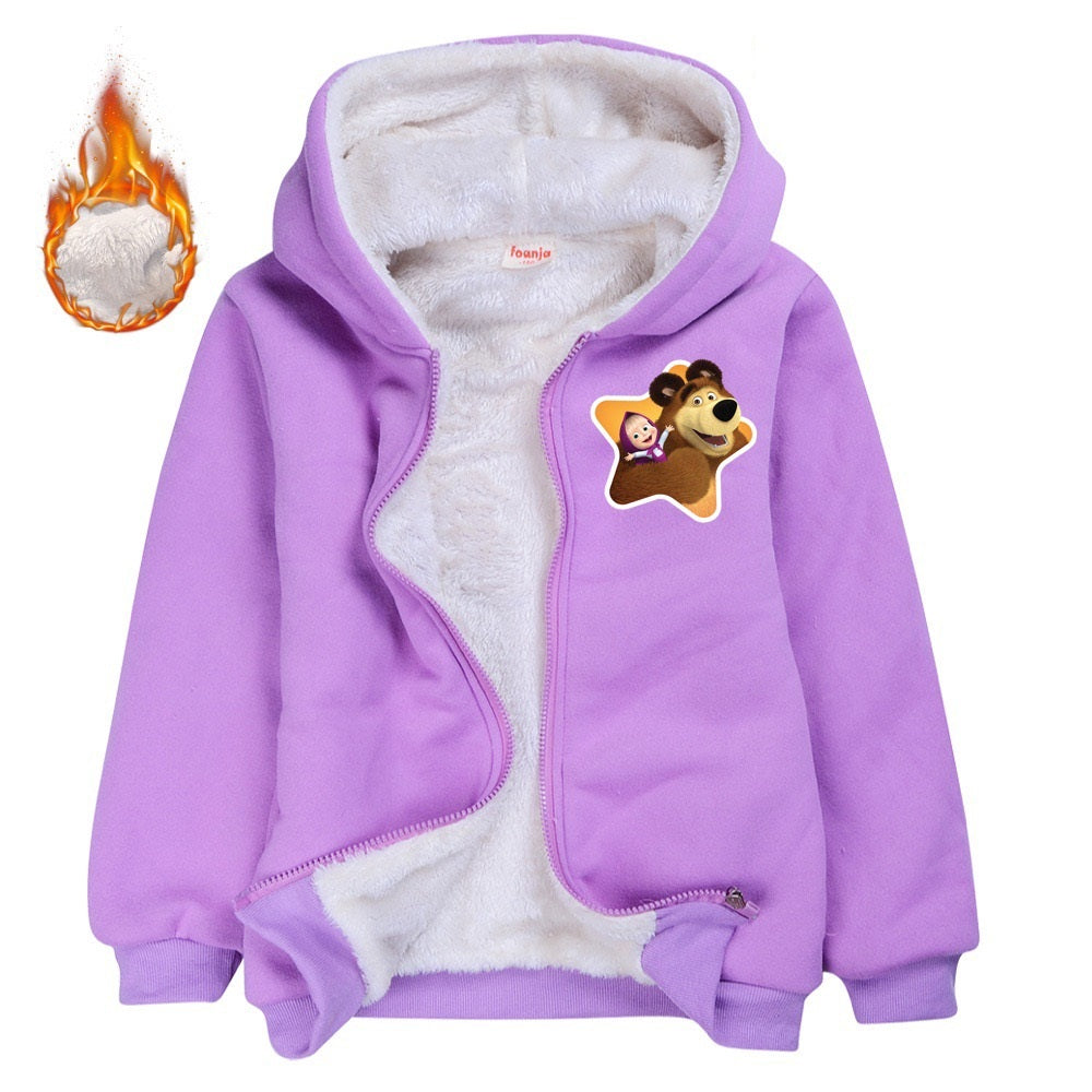 Masha and The Bear Sherpa Lined Hoodie Fleece Sweatshirt Full Zip Hooded Jacket for Kids