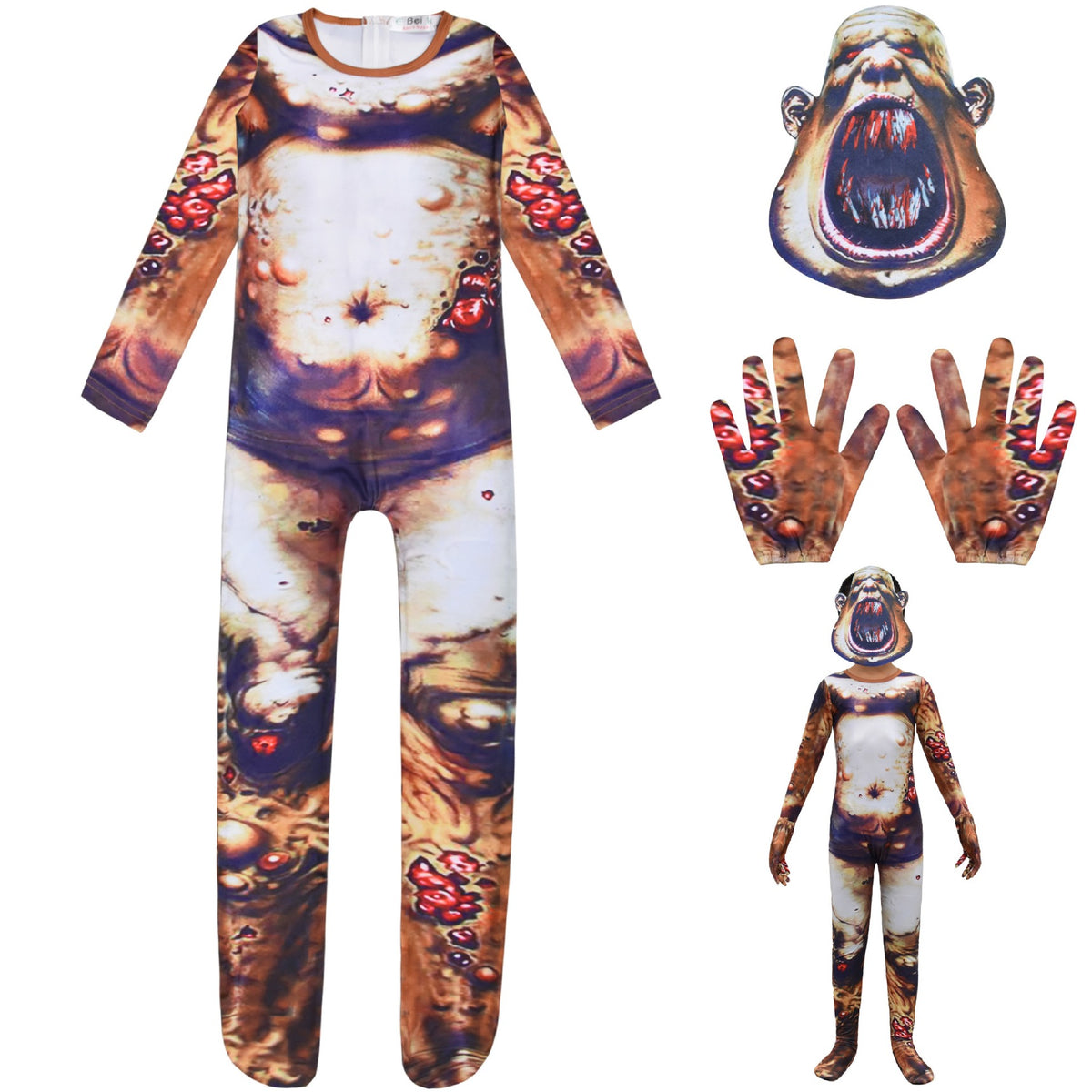 Scary Bloody Monster Cosplay Costume with Mask for Boys Girls Bodysuit Halloween Fancy Jumpsuits
