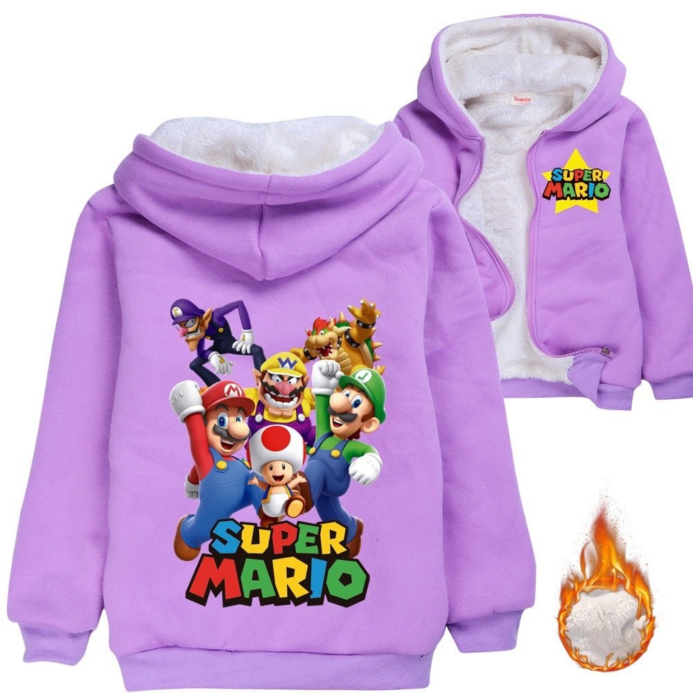 Super Mario Sherpa Lined Hoodie Fleece Sweatshirt Full Zip Hooded Jacket for Kids