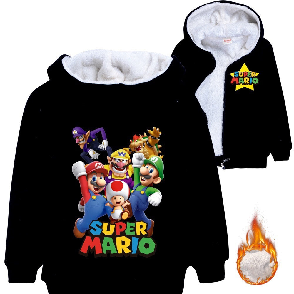 Super Mario Sherpa Lined Hoodie Fleece Sweatshirt Full Zip Hooded Jacket for Kids