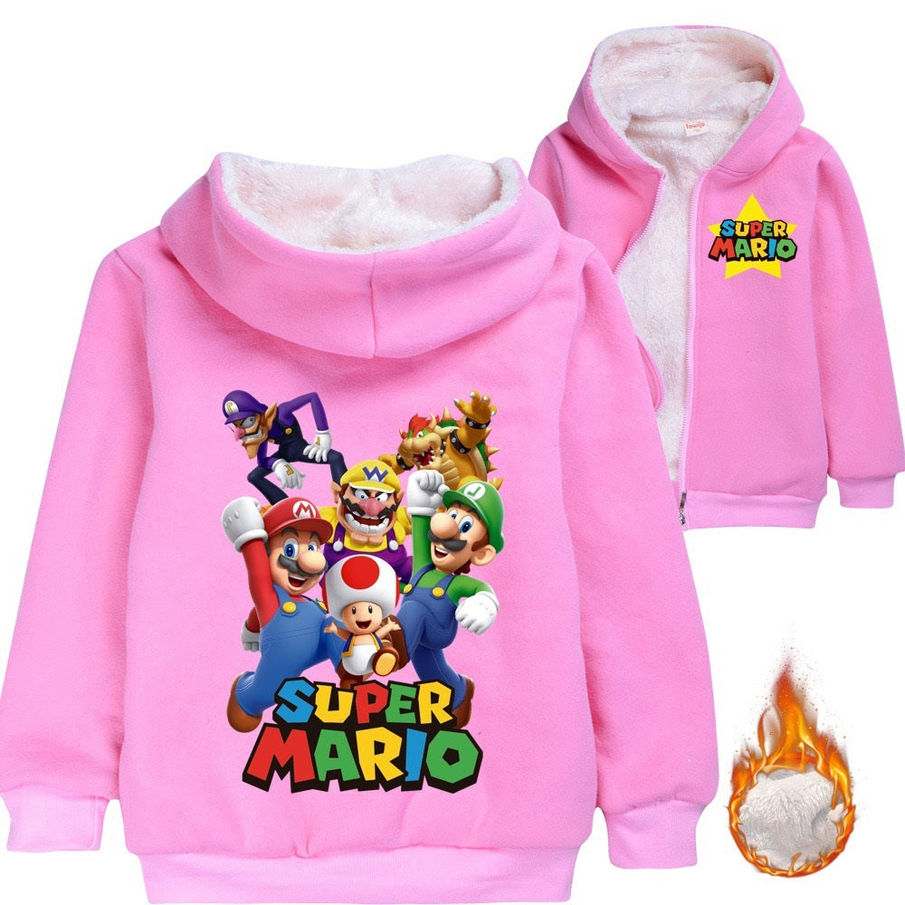 Super Mario Sherpa Lined Hoodie Fleece Sweatshirt Full Zip Hooded Jacket for Kids