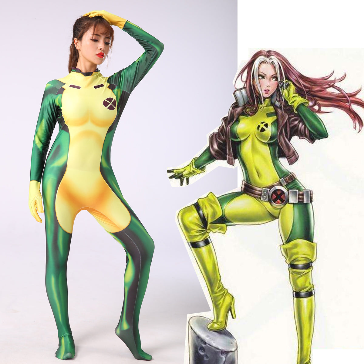 X-Men Rogue Anna Marie Cosplay Costume Kids Adults Bodysuit Halloween Fancy Jumpsuits