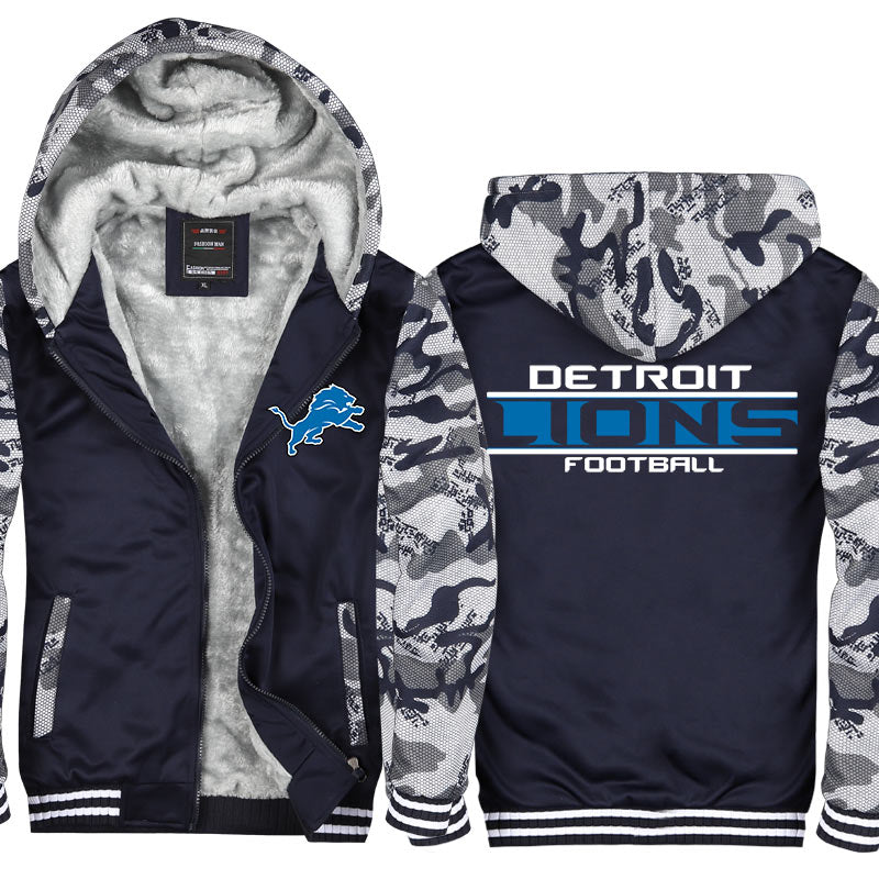 Detroit Football Team Lions Unisex Lined Hoodie Fleece Sweatshirt Full Zipper Hooded Thicken Jacket
