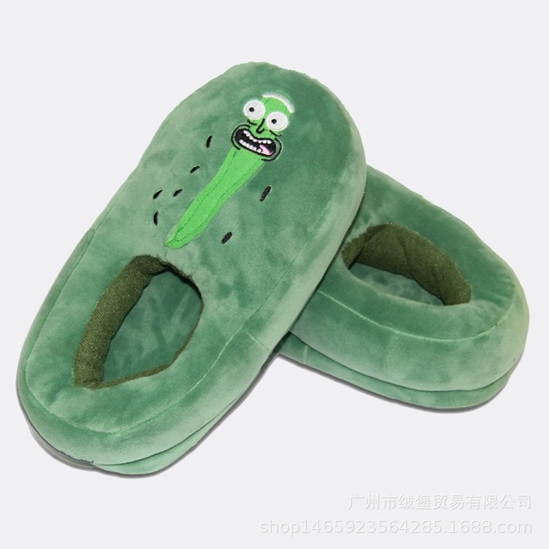 Funny Green Cucumber Rick Morty Slippers Winter Warm Plush Shoes for Kids Youth Home