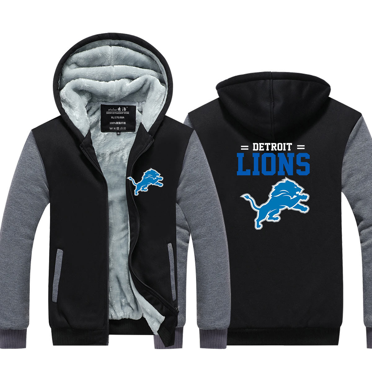 Detroit  Football Lions  Unisex Lined Hoodie Fleece Sweatshirt Full Zipper Hooded Thicken Jacket