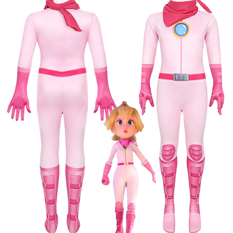 Mario Peach Princess Cosplay Costume Bodysuit Halloween Fancy Jumpsuits for Kids Adults