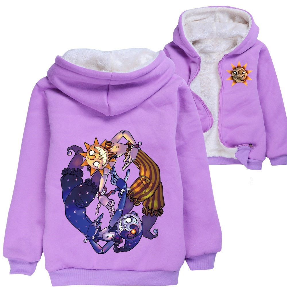 Fnaf Security Breach Sun to Moon Transformation Sundrop Sherpa Lined Hoodie Fleece Sweatshirt Full Zip Hooded Jacket for Kids