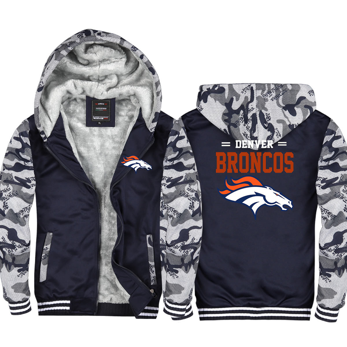 Denver Football Broncos  Unisex Lined Hoodie Fleece Sweatshirt Full Zipper Hooded Thicken Jacket