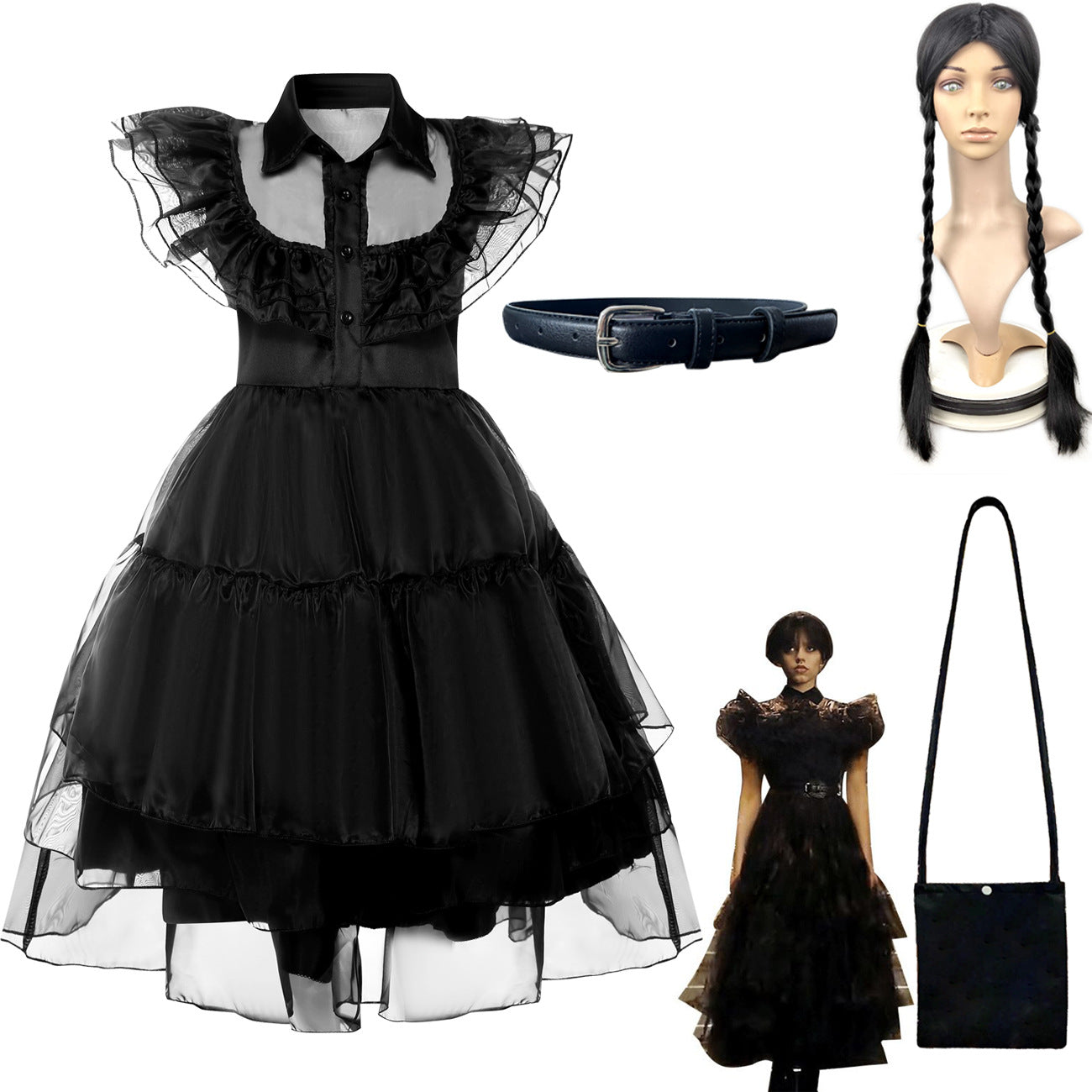 Wednesday Addams Cosplay Dress for Girls Halloween Fancy Lace Skirt