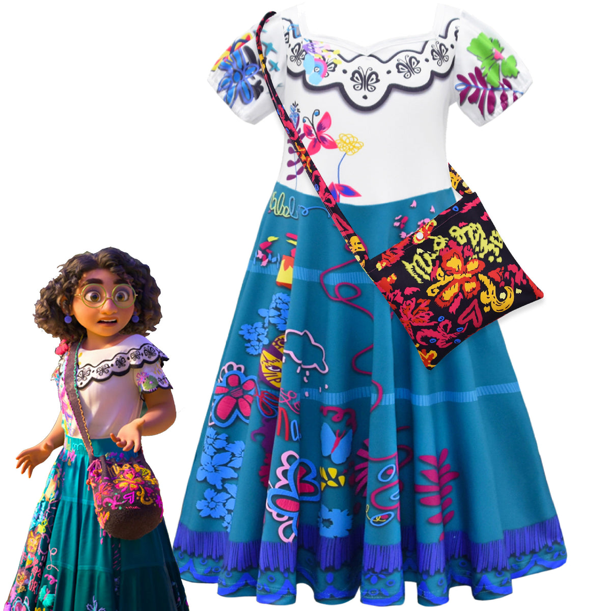 Encanto Mirabel Cosplay Dress With Handbag for Baby Girls Halloween Fancy Skirt