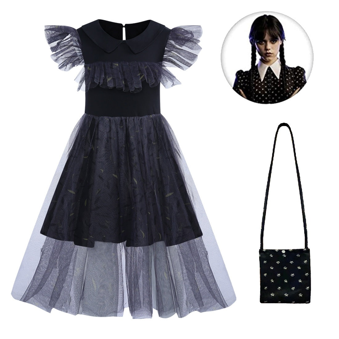 Wednesday Addams Cosplay Lace Dress for Girls Halloween Fancy Skirt