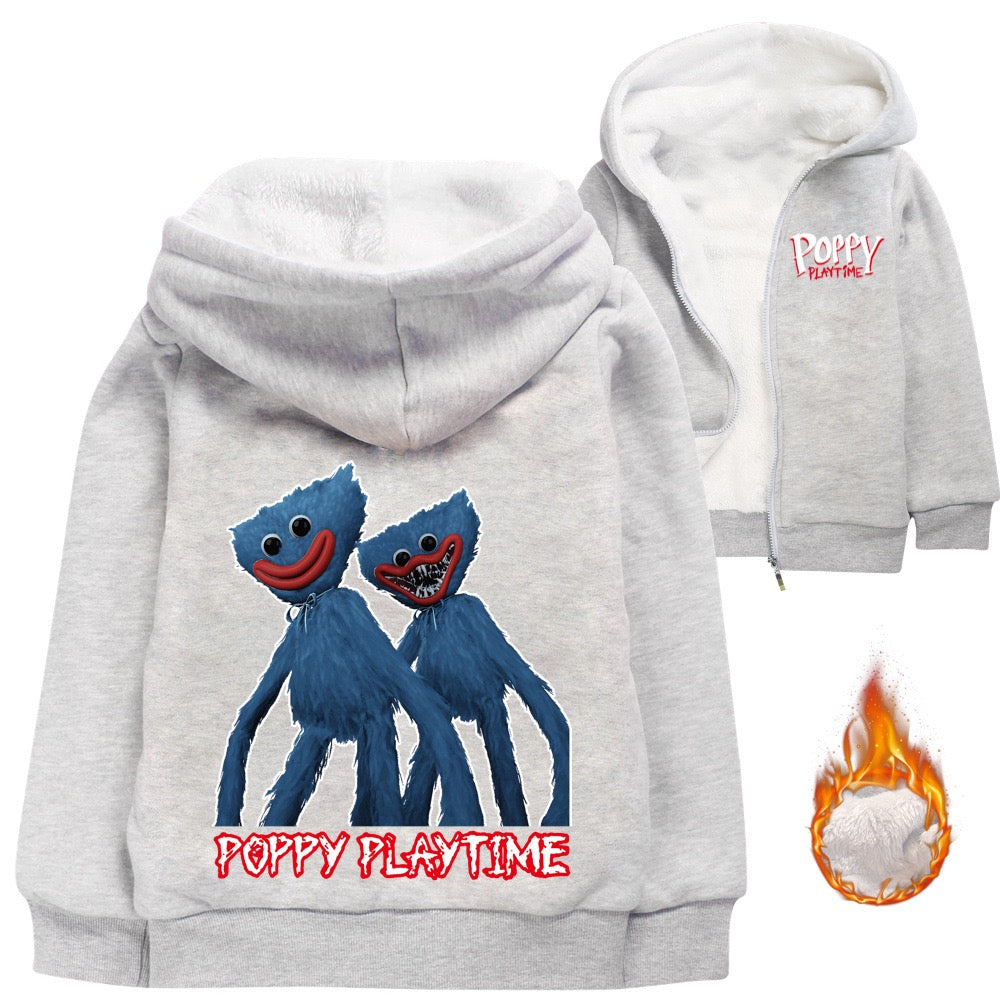 Poppy Huggy Wuggy Sherpa Lined Hoodie Fleece Sweatshirt Full Zip Hooded Jacket for Kids